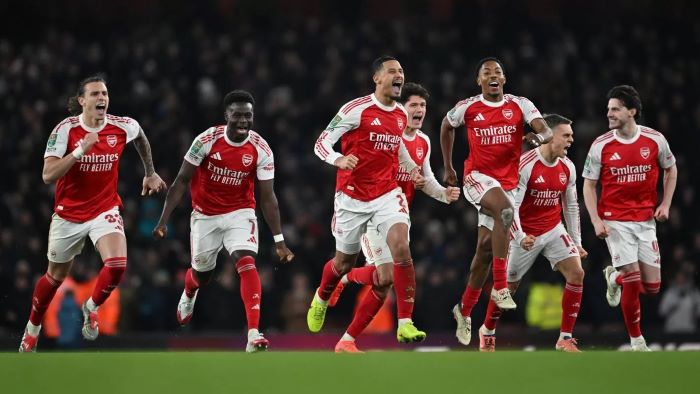 Para pemain Arsenal merayakan kemenangan atas Crystal Palace di perempat final Piala Liga 2025-2026. (Dok. Arsenal)