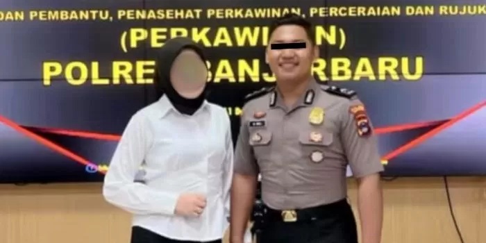 SIAP MENIKAH: Tersangka pembunuh mahasiswi ULM, Bripda Muhammad Seili berfoto dengan tunangannya usai menjalani Sidang nikah. (foto: humas polda kalsel)