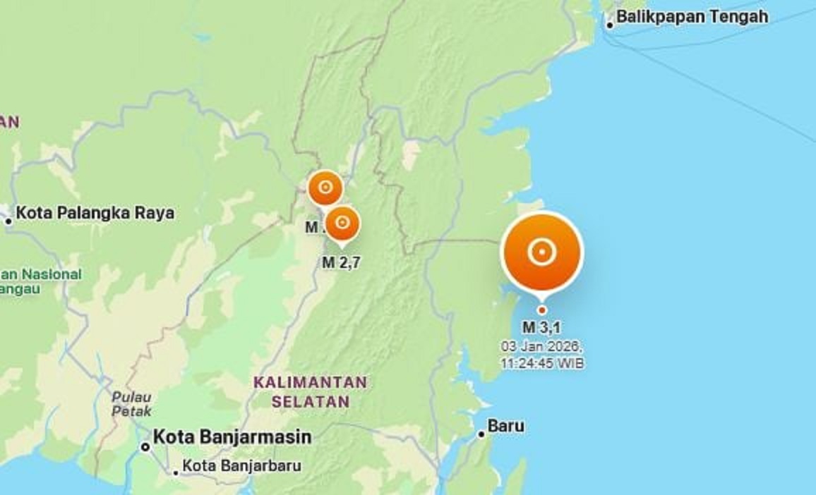 Tiga titik gempa yang melanda wilayah Kalimantan Selatan, Sabtu (3/1/2026).