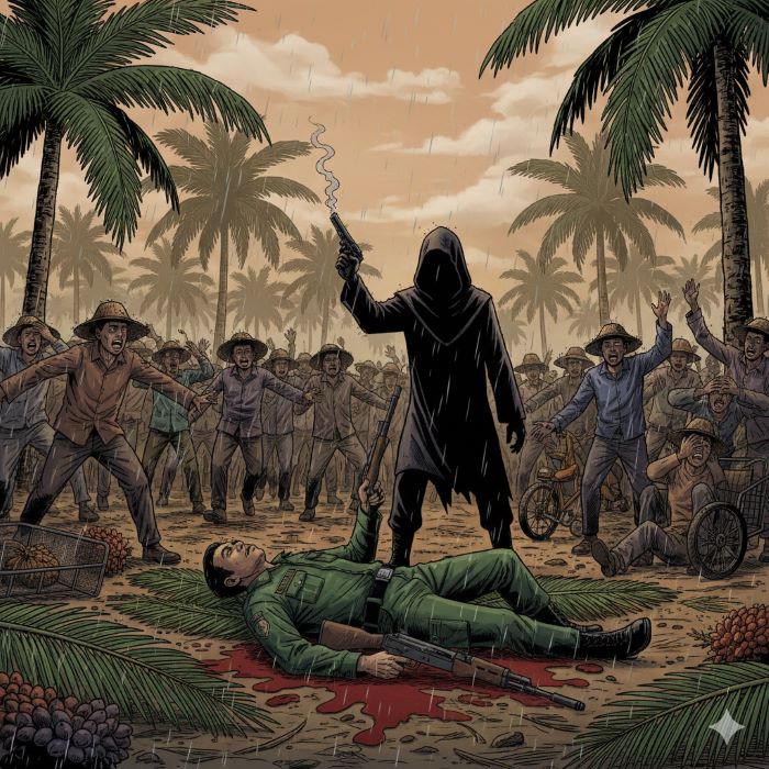 TEROR BERSENJATA: Ilustrasi petugas satuan pengamanan perkebunan kelapa sawit tewas ditembak pria misterus. FOTO/Gemini AI