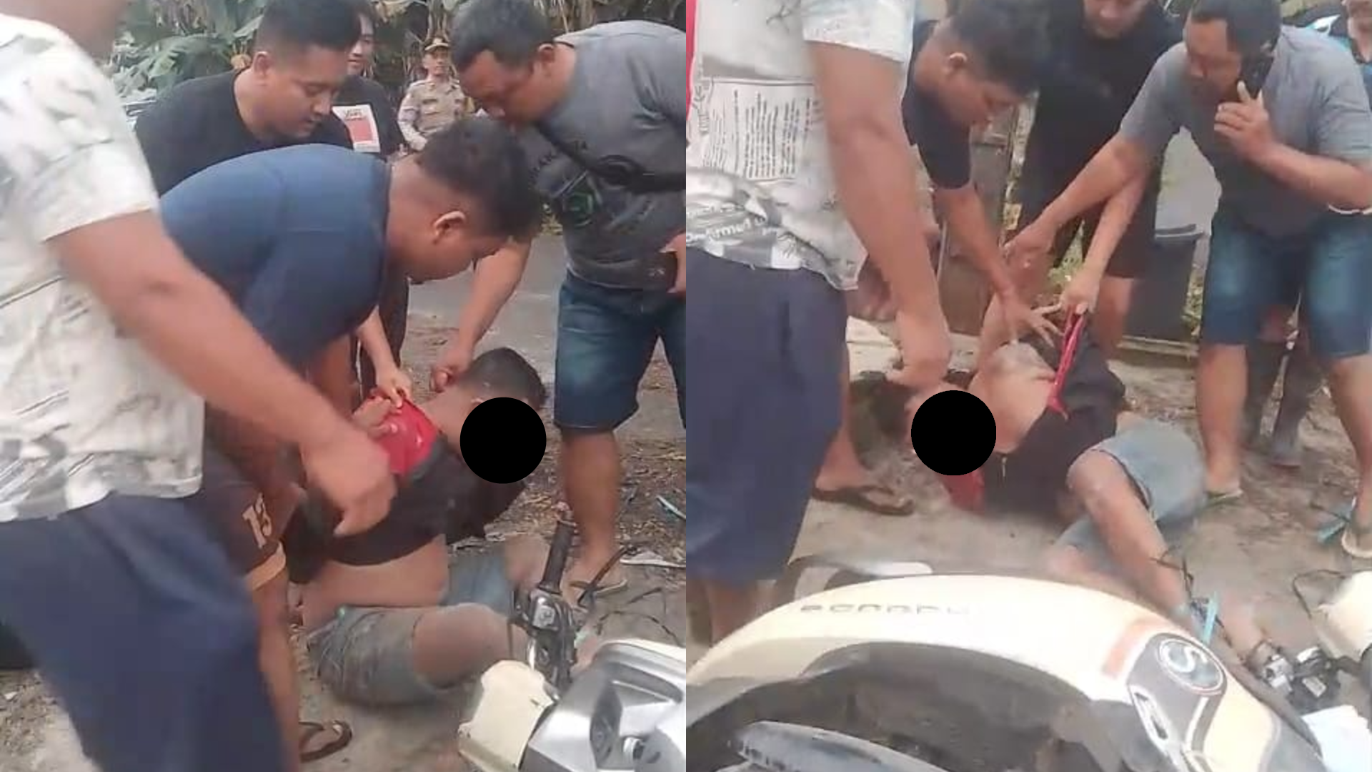 DITANGKAP WARGA: Terduga pelaku pencurian saat diamankan warga dan sempat mendapat hadiah bogem mentah. (Warga/Radar Sampit)