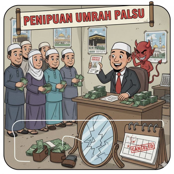 ilustrasi penipuan berkedok agen umrah palsu/Gemini AI