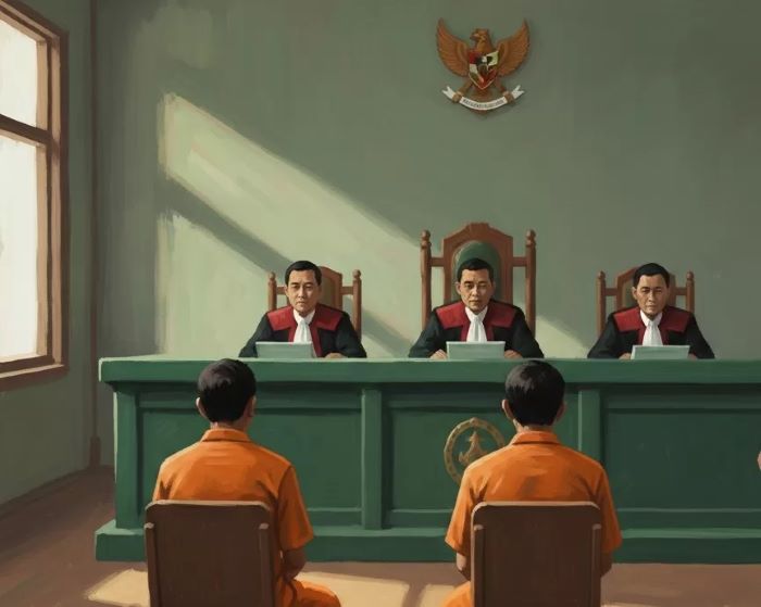 ilustrasi persidangan dengan dua terdakwa (gemini/AI)