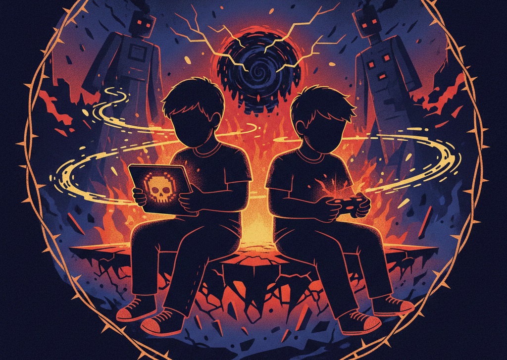 Ilustrasi dua anak kecanduan game berbahaya