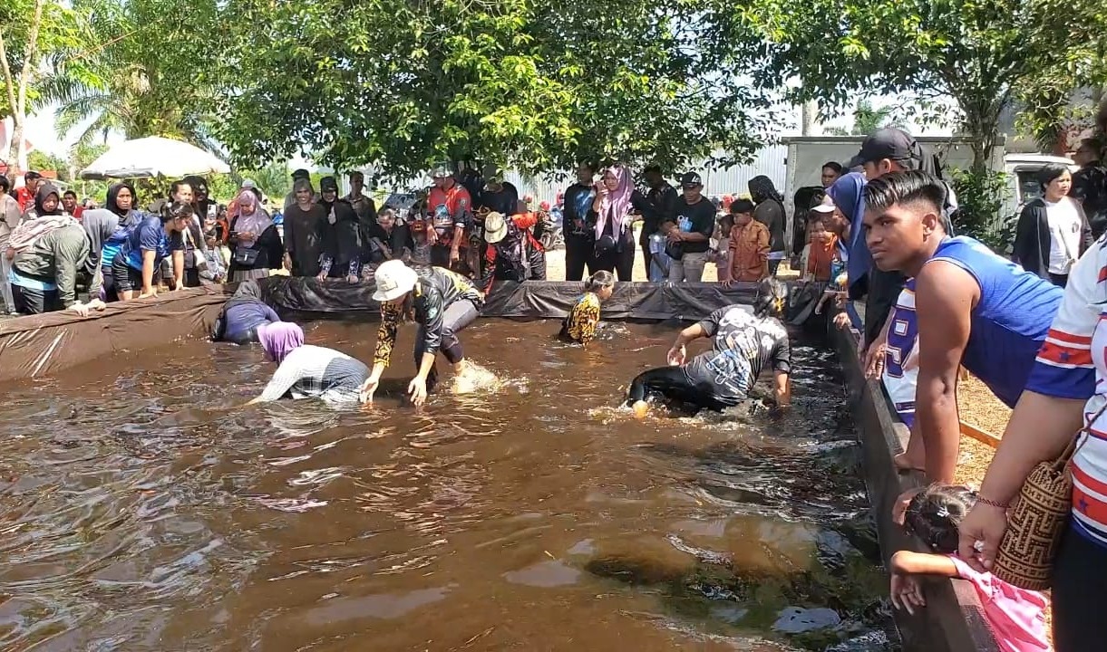 Keseruan saat peserta berupaya menangkap ikan di kolam dengan tangan kosong dalam Mangaruhi pada Festival Budaya Habaring Hurun 2026, di akawasan Stadion 29 Nopember Sampit, Sabtu (10/1/2026).