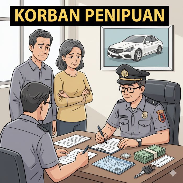 ILUSTRASI: Korban penipuan jual beli mobil melapor ke kantor polisi/Gemini AI