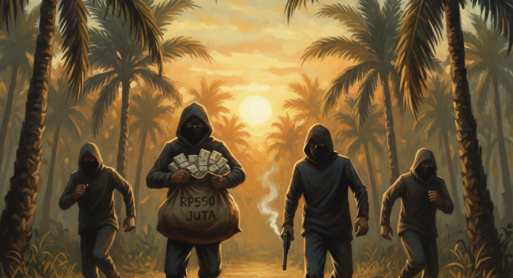 Ilustrasi kawanan pelaku perampokan kabur membawa tas berisi uang