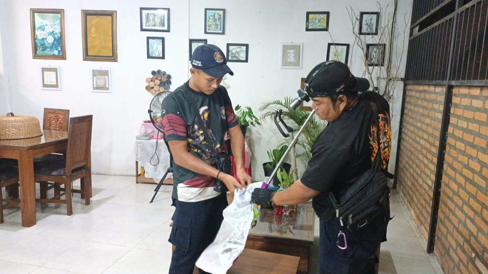 Tim Rescue Dinas Damkar Kota Palangka Raya, saat mengamankan seekor anak ular piton di salah satu rumah warga, Rabu (21/1) malam.