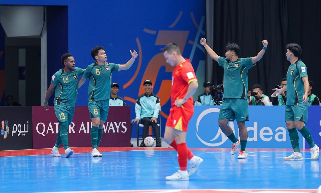 Selebrasi pemain timnas futsal Indonesia saat melawan Vietnam, di Piala Asia 2026.