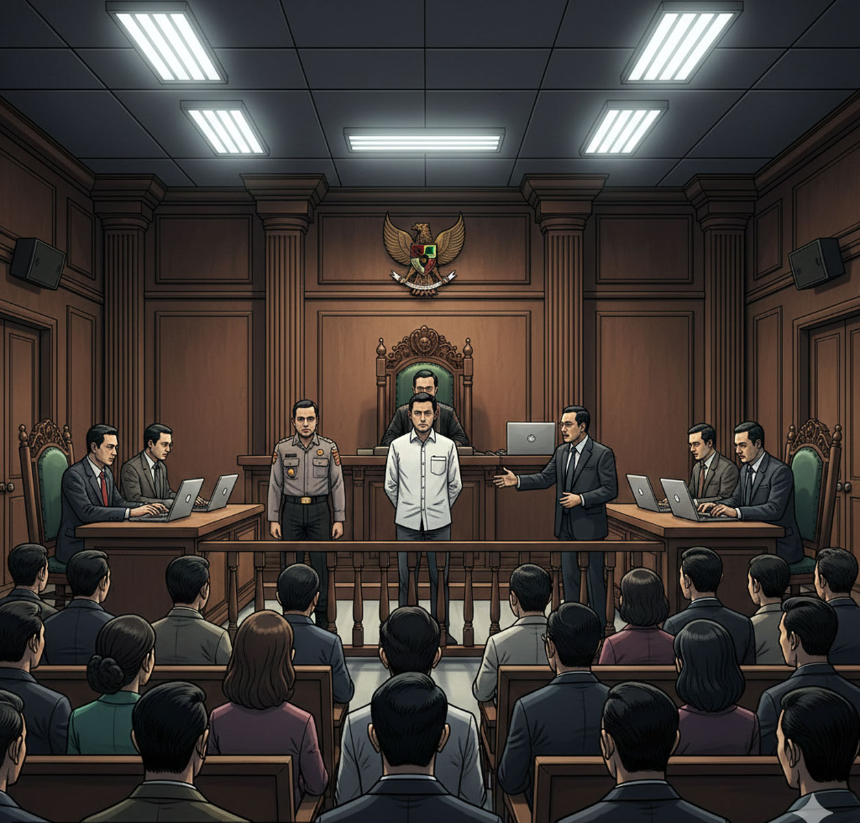 ILUSTRASI: Terdakwa perkara ilegal logging menjalani persidangan di pengadilan. Gemini/AI