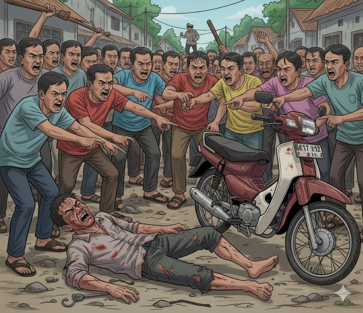 ilustrasi pencuri sepeda motor dihajar massa/AI