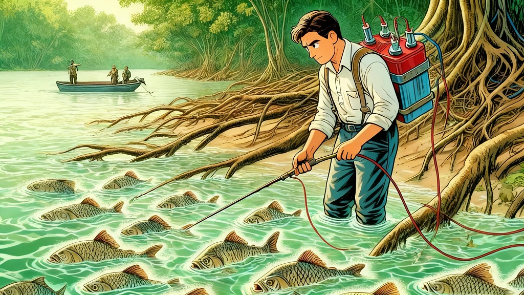 ilustrasi-aksi penyetruman ikan di sungai dengan menggunakan aki