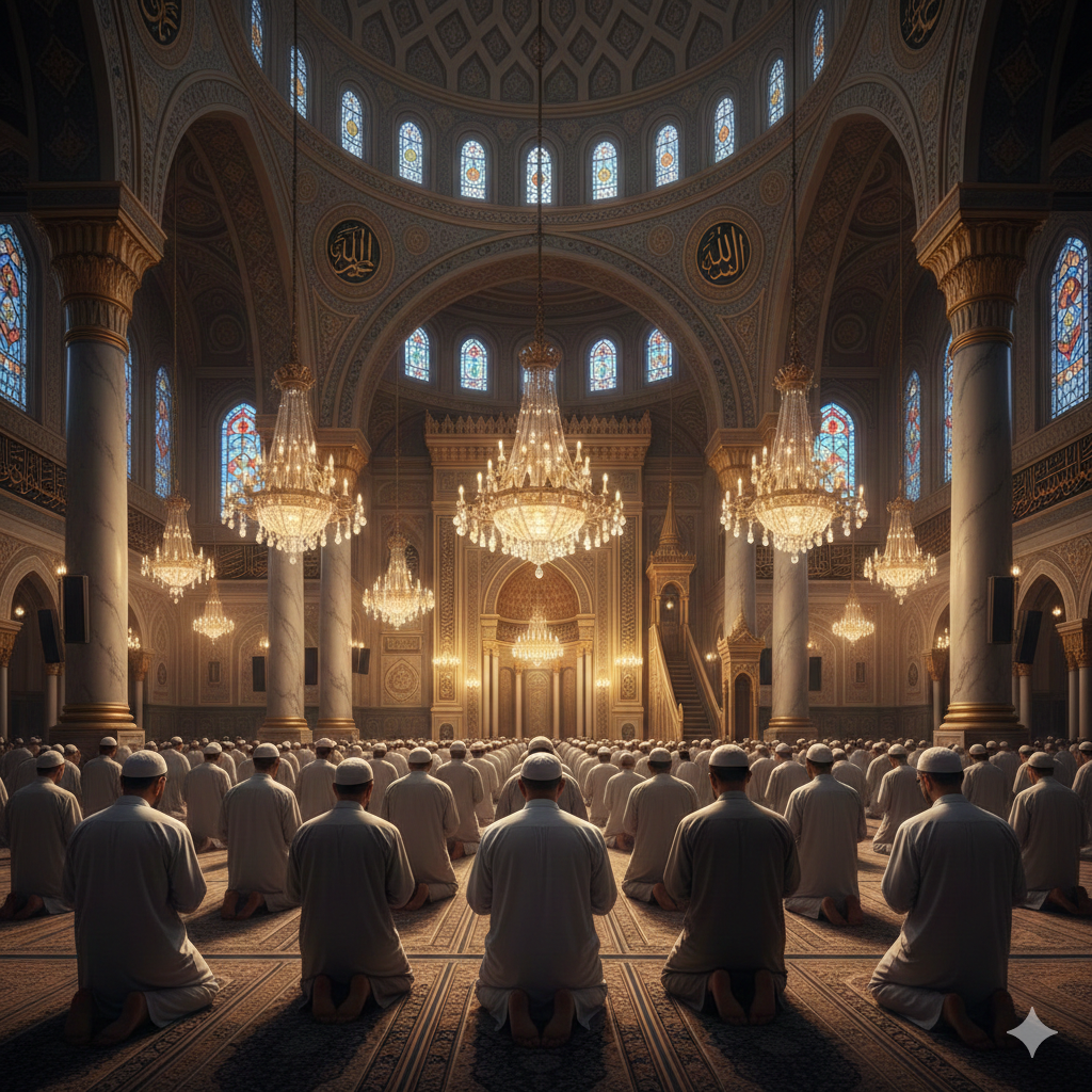 Ilustrasi jemaah berdoa di sela Salat Tarawih di masjid saat malam bulan Ramadan