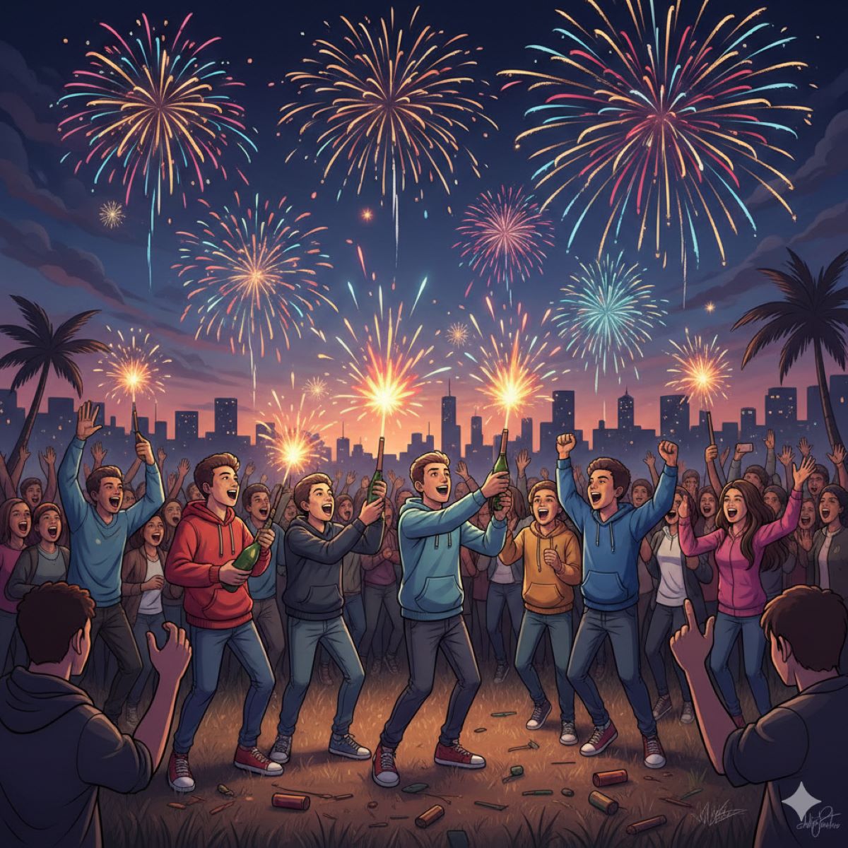 ilustrasi bermain kembang api/AI