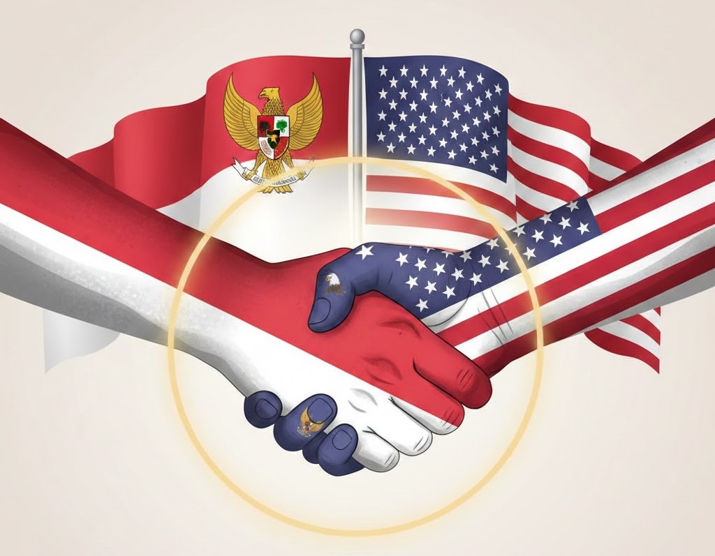 Ilustrasi kerjasama Indonesia - Amerika Serikat (AI)