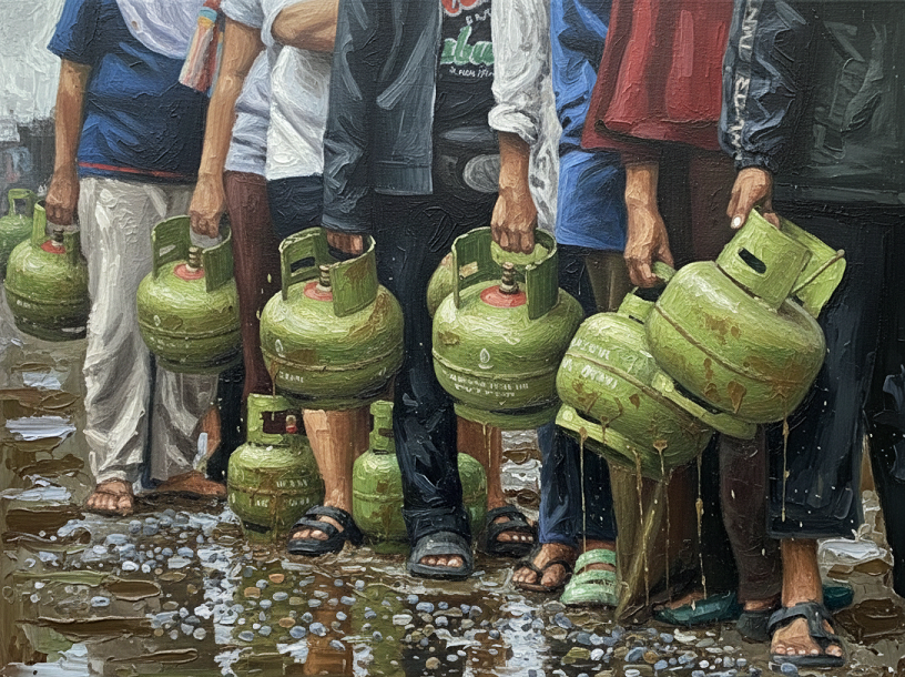 SERING HABIS: Ilustrasi rakyat kecil saat mengantre membeli LPG 3Kg di Pangkalan