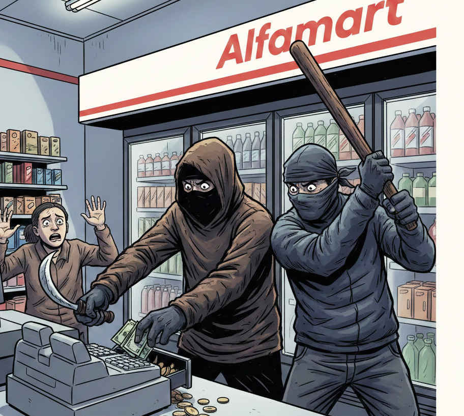 Ilustrasi-aksi perampokan yang dilakukan dua orang di dalam toko, dengan membawa senjata tajam dan potongan kayu.