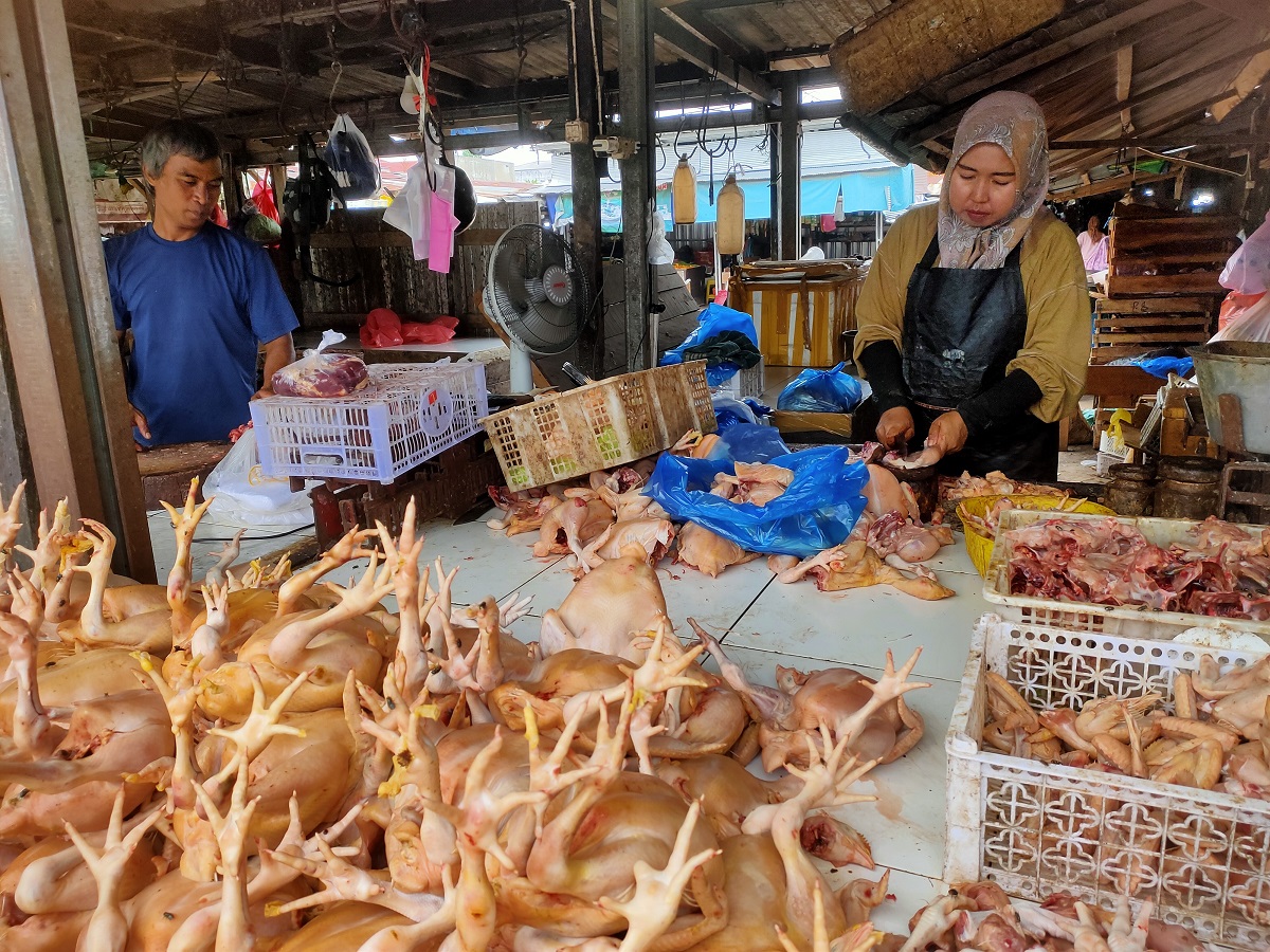 Aktivitas penjual daging ayam di Pasar Subuh Sampit, Sabtu (28/2).  