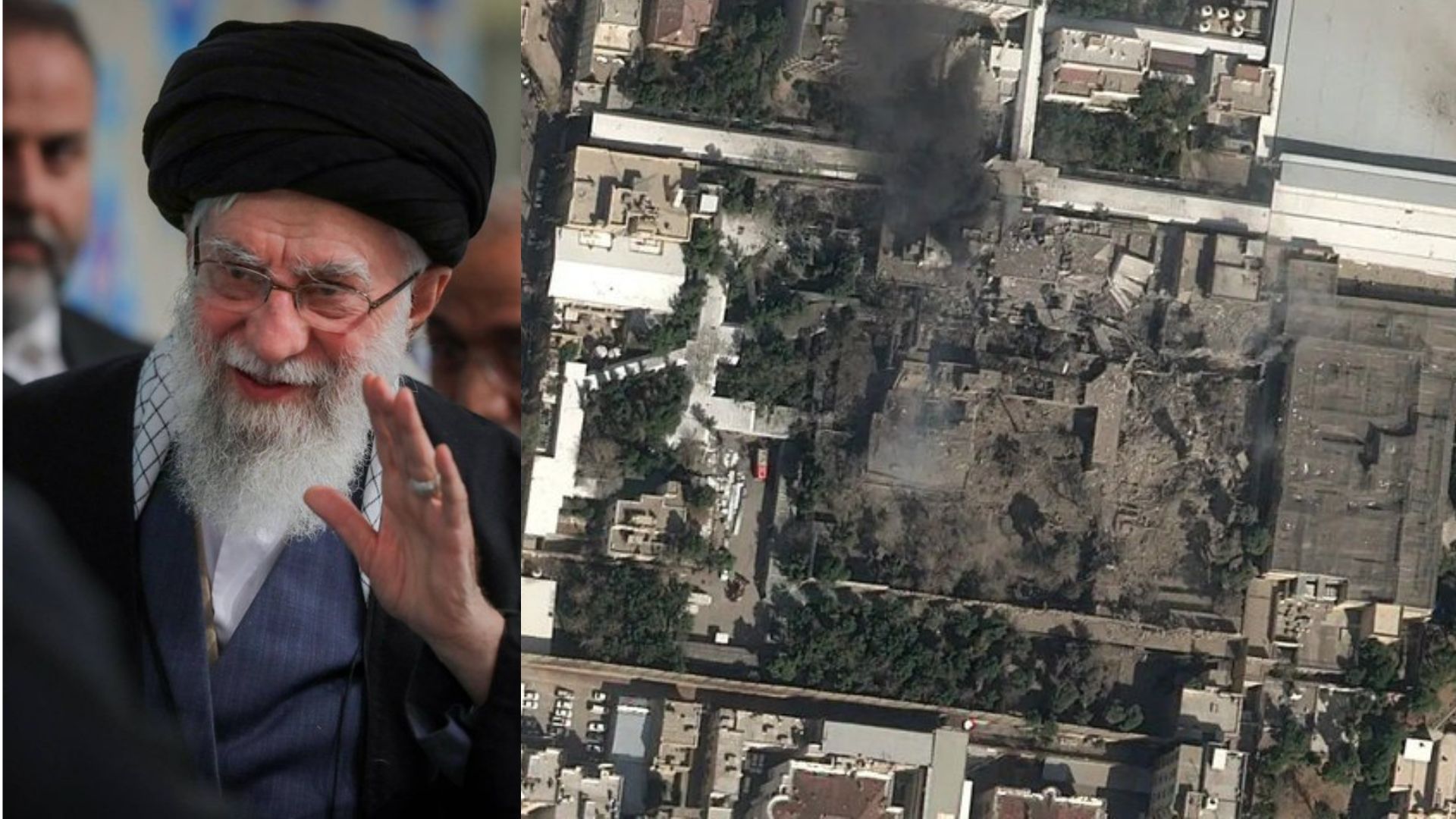 Ali Khamenei,  dan komplek kediamannya di Teheran setelah terkena bom dari pihak Israel, Sabtu (28/2) waktu setempat