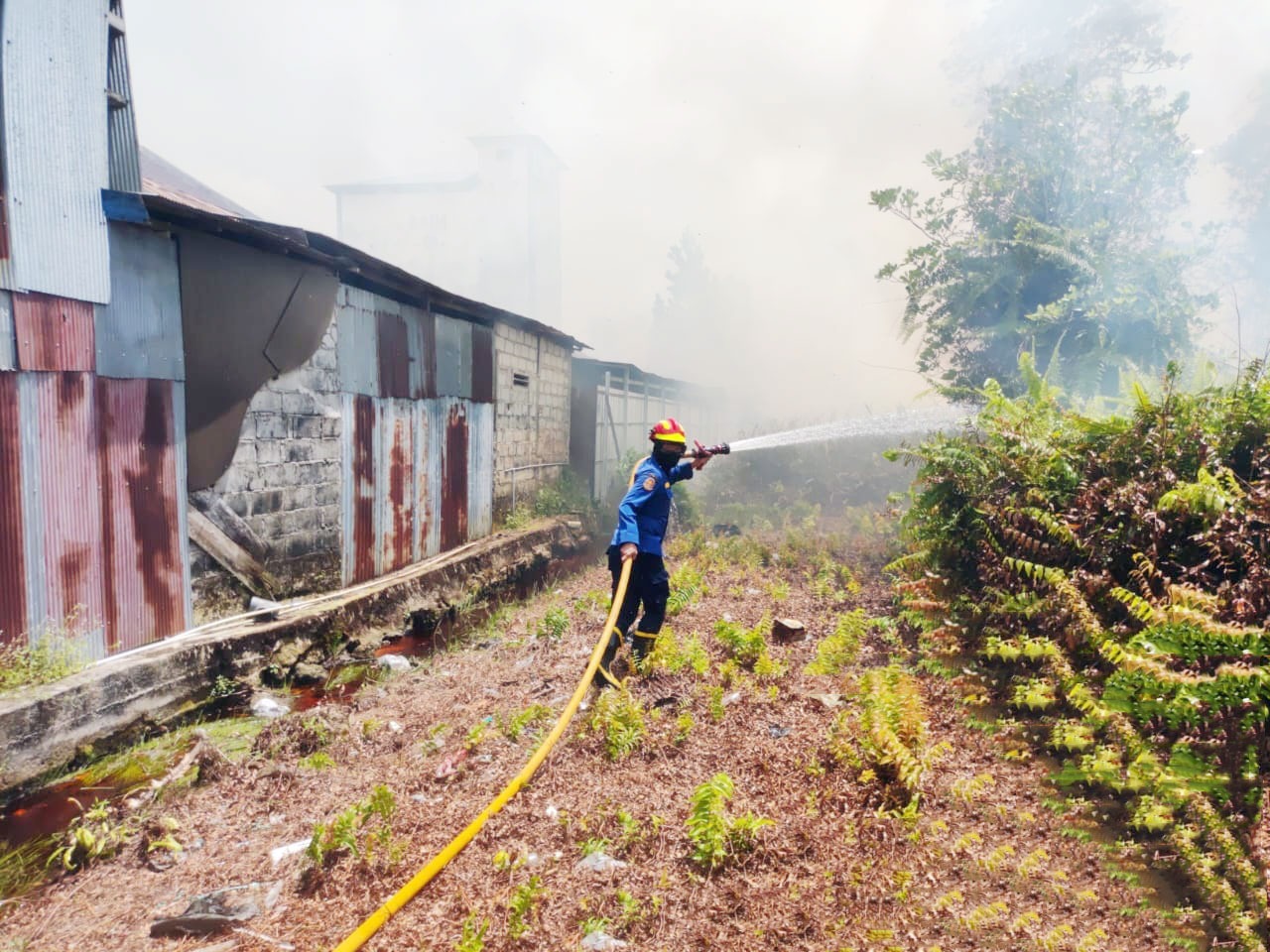 Petugas Disdamkarmat Kotim berjibaku menuju titik kebakaran yang berada dekat dengan permukiman di Jalan Bukit Pemai, Baamang Hulu, Kecamatan Baamang, Senin (2/3/2026). (Disdamkarmat Kotim).