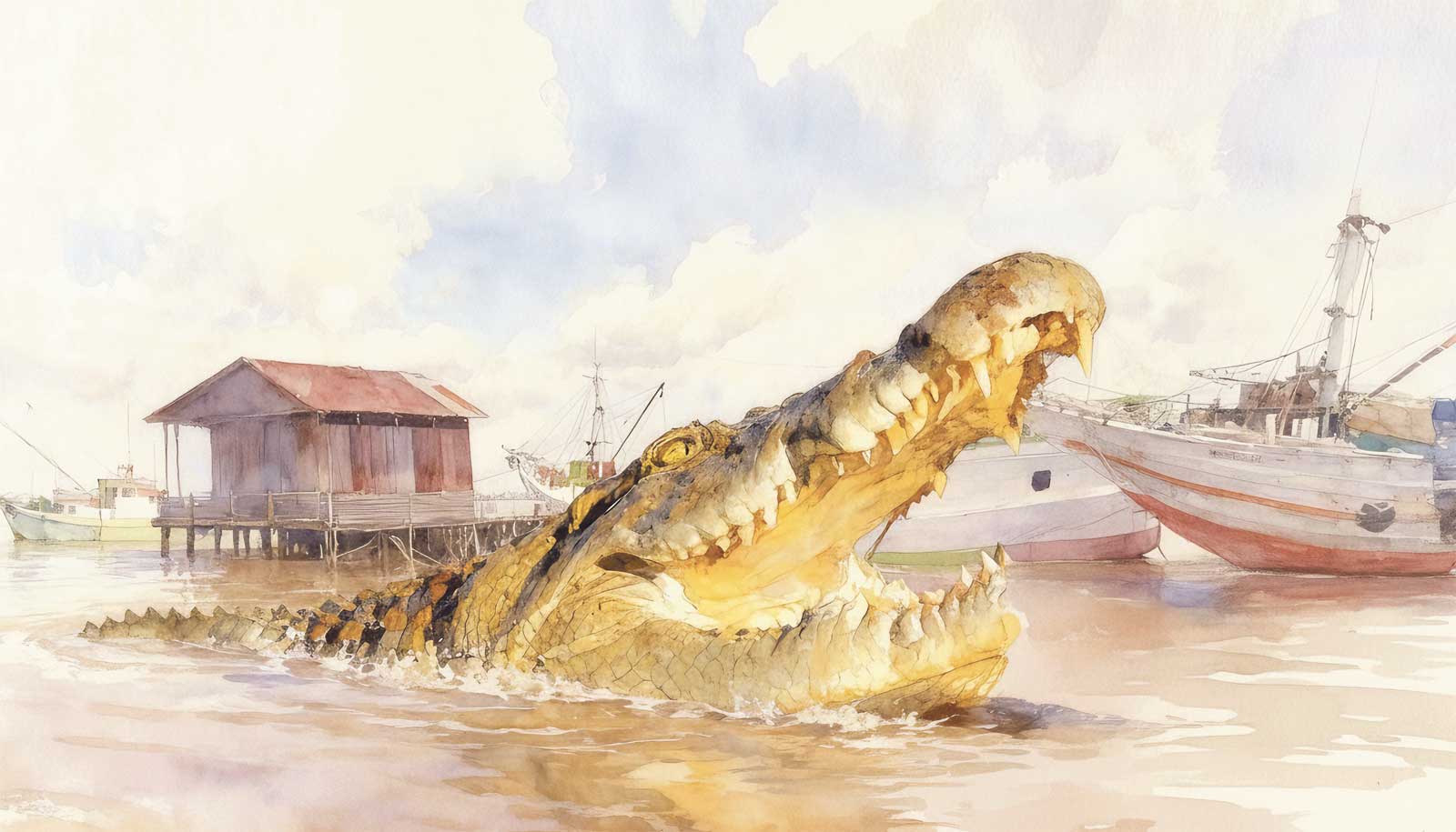 Ilustrasi kemunculan buaya di dekat aktivitas dermaga bongkar muat di pinggiran Kota Sampit