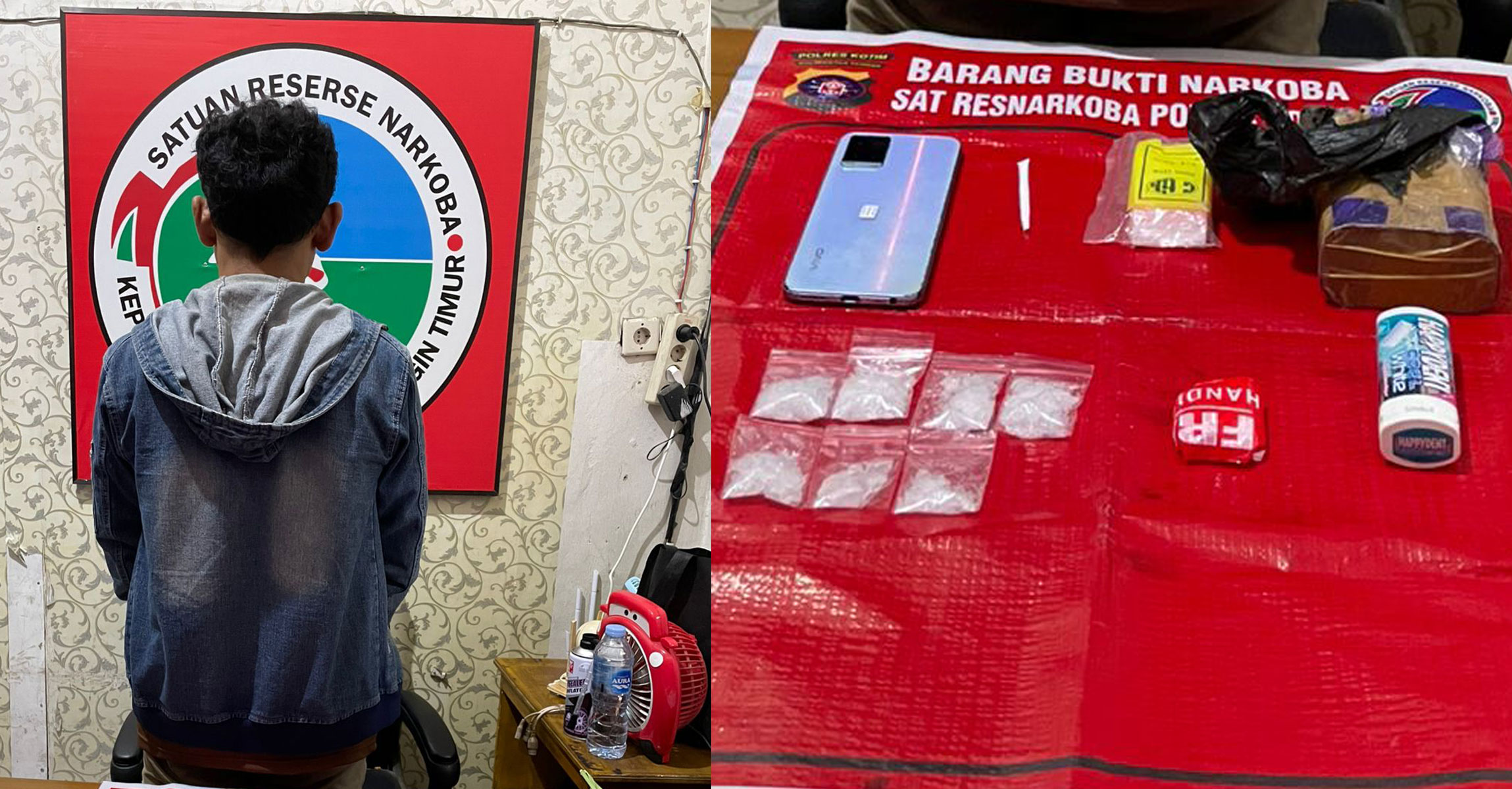 NARKOBA : Pelaku AT bersama barang bukti narkoba diamankan di Mapolres Kotim. 