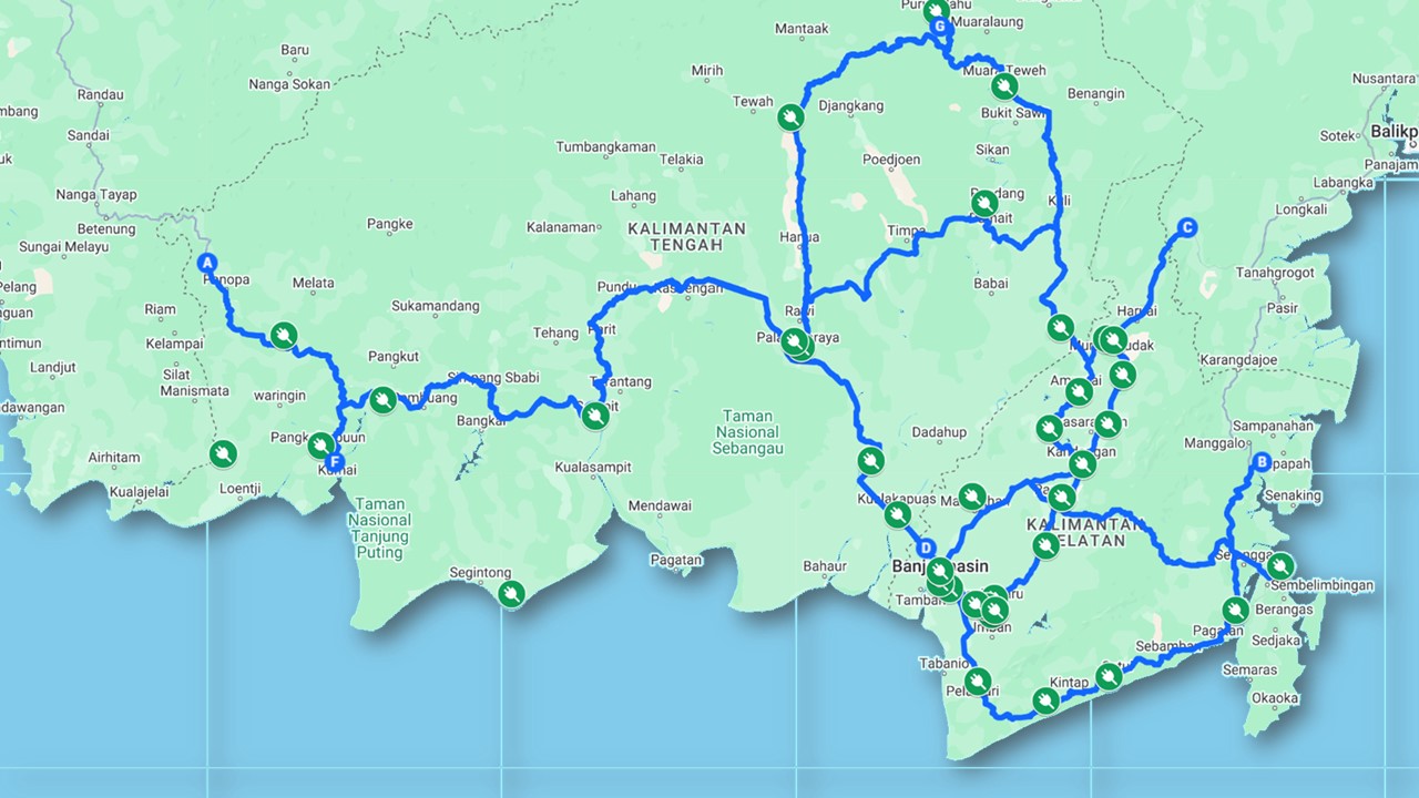 Peta SPKLU PLN UID Kalselteng yang berjumlah 73 titik di 46 Lokasi dengan jarak rata-rata anatar SPKLU &plusmn; 41,35 km
