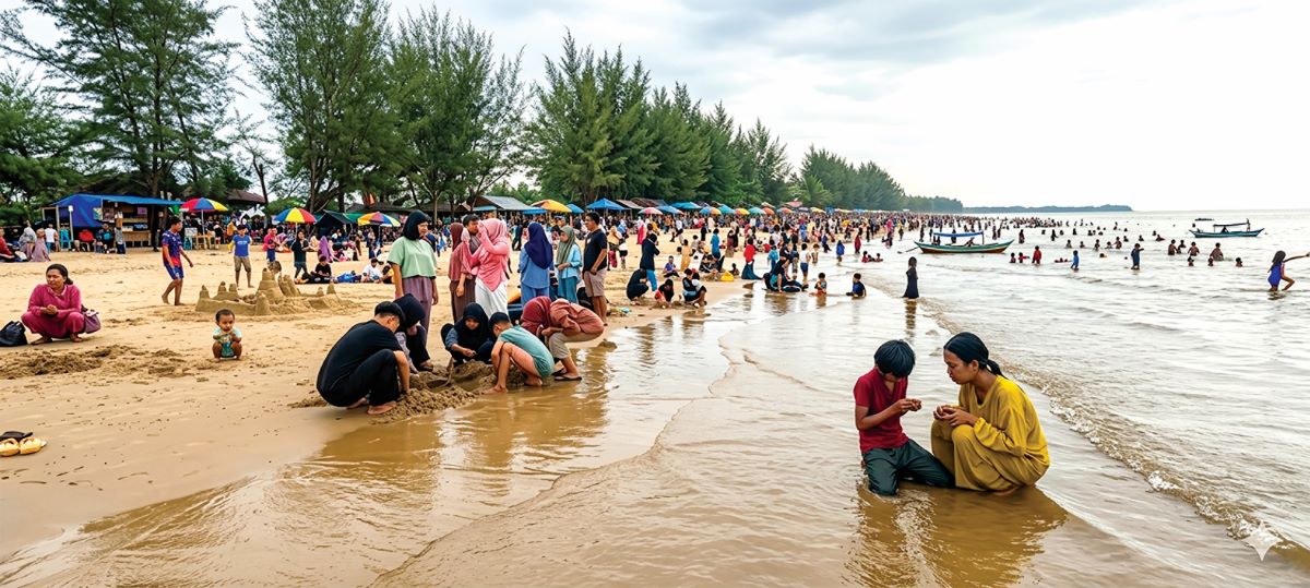 WISATA ANDALAN: Pesona Pantai Ujung Pandaran, Teluk Sampit, Kotawaringin Timur (Kotim) masih menjadi tempat wisata favorit warga untuk berlibur bersama keluarga.