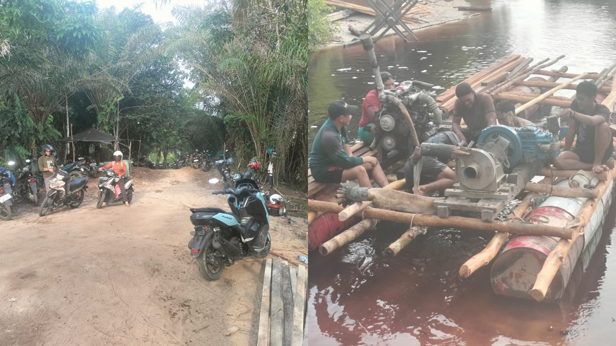 Lahan  parkir dan saat proses pembuatan lanting sedot mas yg kemudian dibawa ke lokasi sedot pada bagian hilir. (Yuswanto RS/Radar Sampit)