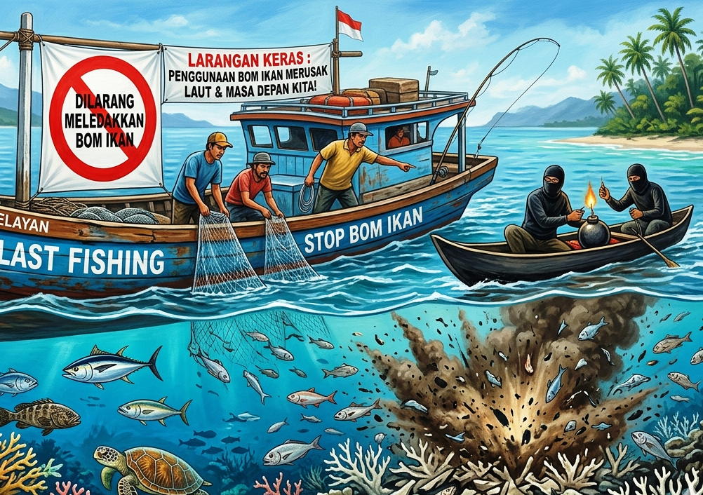 Ilustrasi nelayan memerangi aksi penangkapan ikan dengan cara destruktif atau merusak lingkungan.