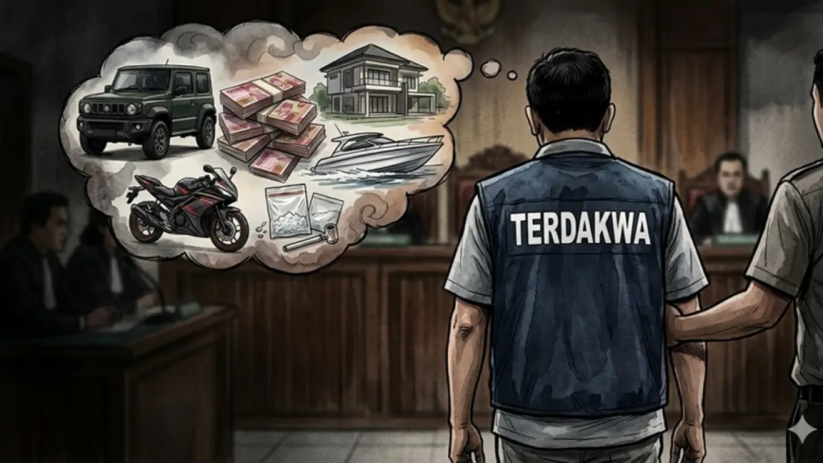 PESAKITAN: Ilustrasi terdakwa kasus tindak pidana pencucian uang saat di pengadilan. (Diolah dengan AI)