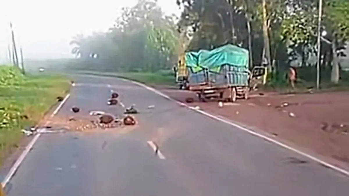 Suasana lokasi kecelakaan yang melibatkan dua truk di Jalan Jenderal Sudirman Kilometer 67, Sampit-Pangkalan Bun, Sabtu pagi (4/4/2026).&nbsp;