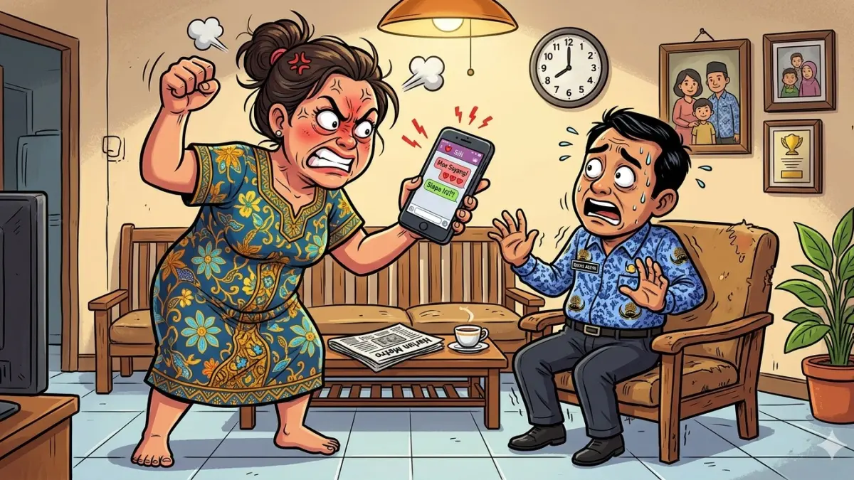 MURKA: Ilustrasi kemarahan seorang istri pejabat ASN, melihat isi chat HP sang suami dengan wanita lain. (Diolah dengan AI)