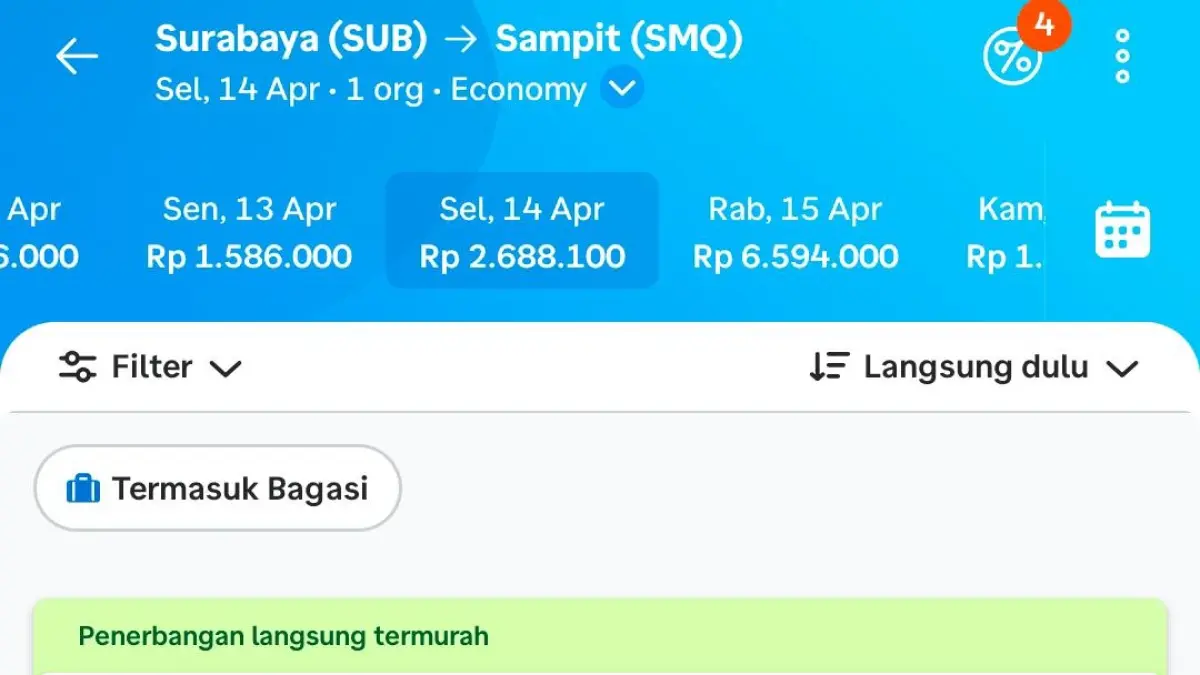 Tampilan harga tiket rute Surabaya-Sampit di salah satu aplikasi penjualan tiket pada Kamis (9/4)