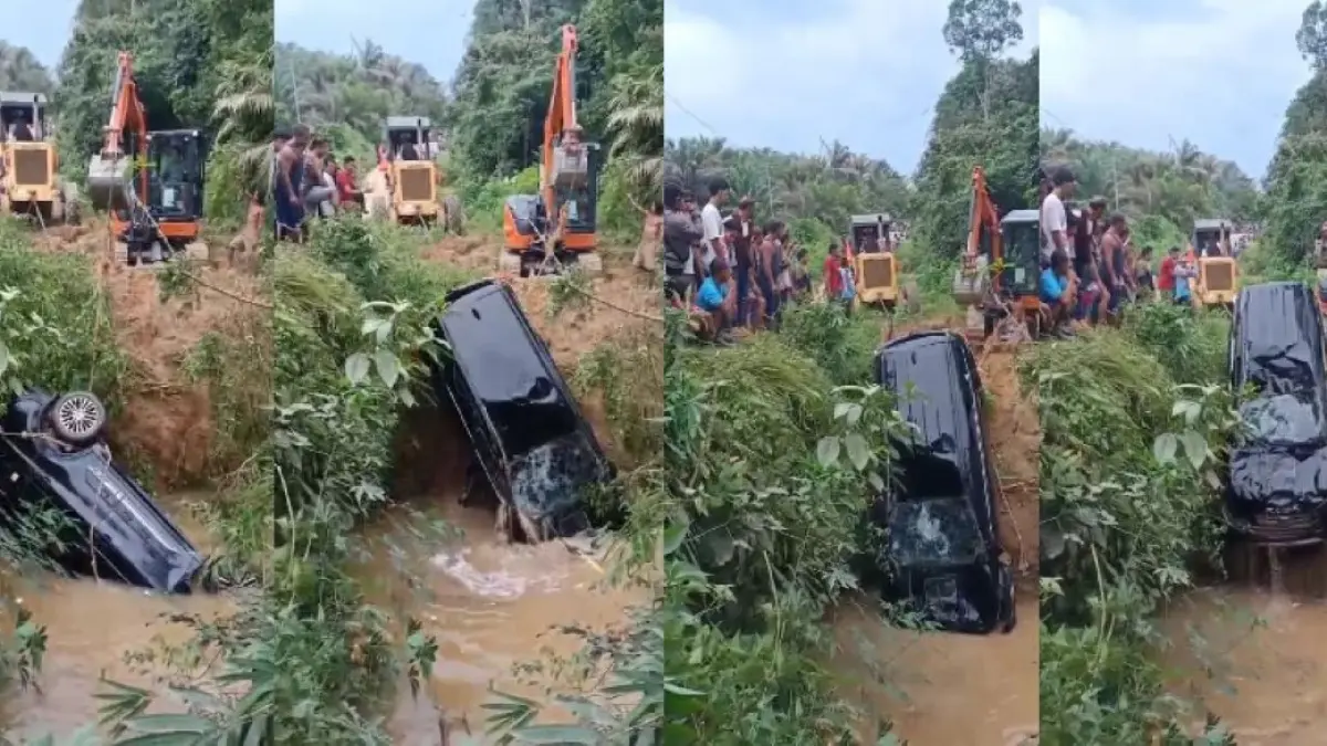 EVAKUASI: Detik-detik proses evakuasi kendaraan menggunakan ekskavator menjadi perhatian warga di Lokasi kejadian, Minggu (12/4/2026). FOTO: TANGKAPAN LAYAR/RADAR SAMPIT