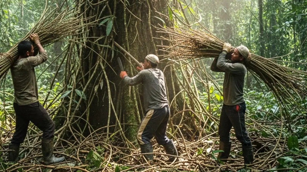 Ilustrasi petani saat memanen rotan dari hutan, yang sudah jarang dilakukan (Olahan AI)