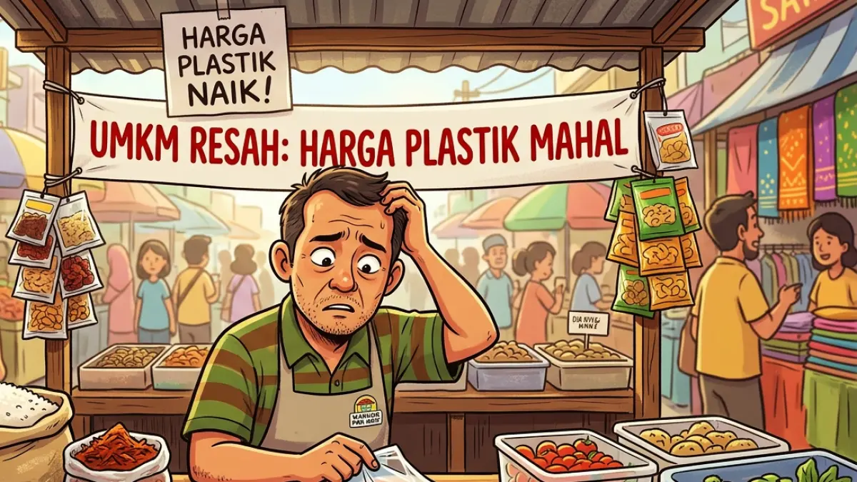 Ilustrasi pengusaha UMKM, yang gelisah dengan kenaikan harga kemasan plastik. (diolah dengan AI)