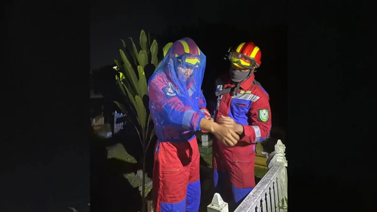 Petugas Disdamkarmat Kotim saat bersiap untuk membasmi sarang tawon di area pemakaman di di Jalan Teratai 6, RT 046/RW 007, Kelurahan Ketapang, Kecamatan Mentawa Baru Ketapang, Selasa malam (14/4/2026). (Disdamkarmat Kotim)