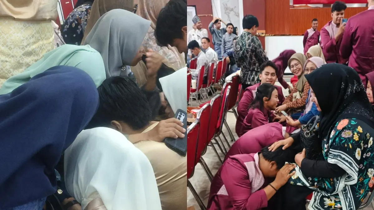 SUNGKEM: Selain kegiatan penuh kegembiraan, acara juga sempat mengharu biru saat para siswa sungkem ke orang tua masing-masing (dok.radar sampit)