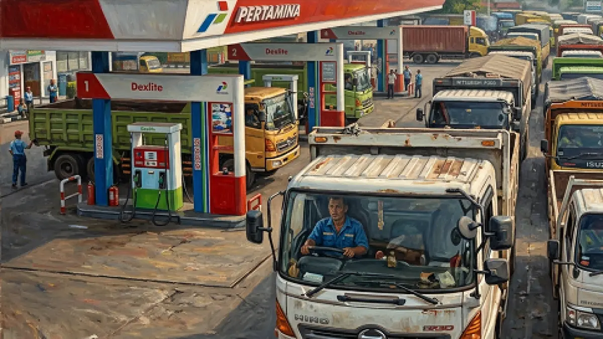 Ilustrasi antrean kendaraan truk ingin mengisi BBM Non-Subsidi di SPBU. (olahan AI)