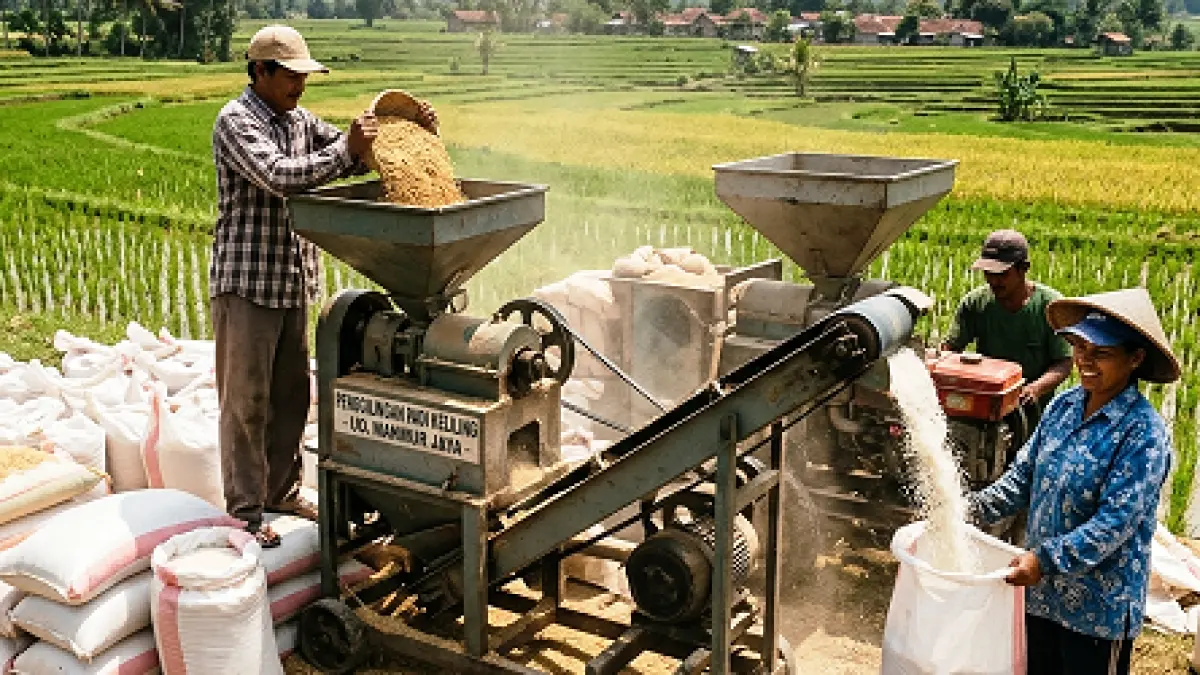 INDUSTRI KECIL: Aktivitas penggilingan padi yang menggunakan mesin diesel dan berbahan bakal solar.(ilustrasi AI)