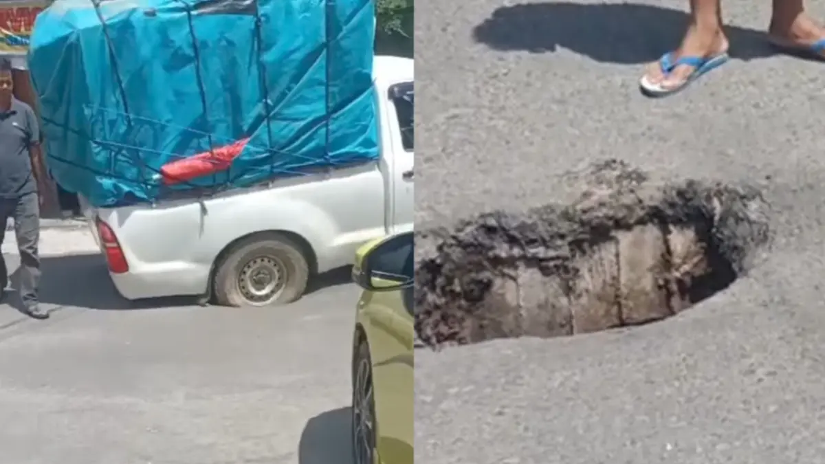 Pikap terperosok dalam lubang yang berada di sekitar &nbsp;Simpang Eks Tugu Favo, Jalan Rahadi Usman Sampit, Senin (20/4/2026). (Warga/Radar Sampit)&nbsp;