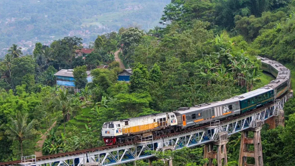  ULAR BESI: Rangkaian kereta api penumpang yang melintasi kawasan hijau di Indonesia.