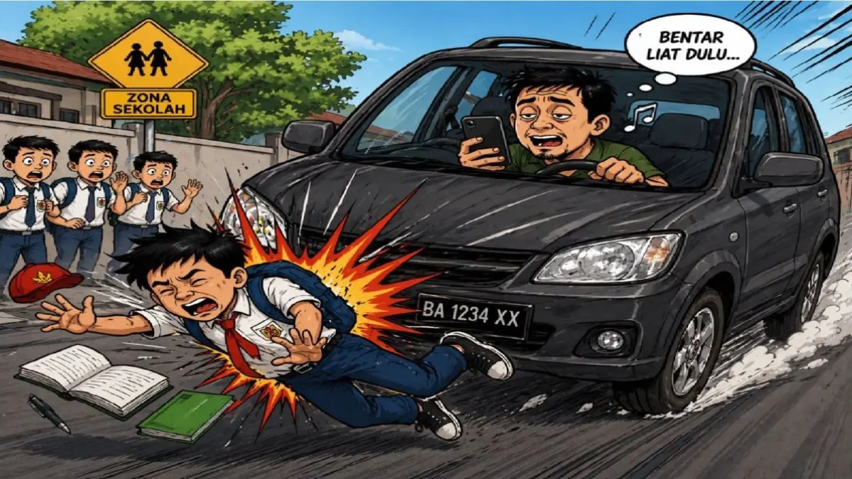 ilustrasi pengendara mobil menabrak pelajar/AI