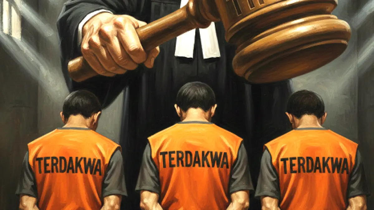ilustrasi tiga terdakwa saat menerima vonis hakim.(modifikasi AI)