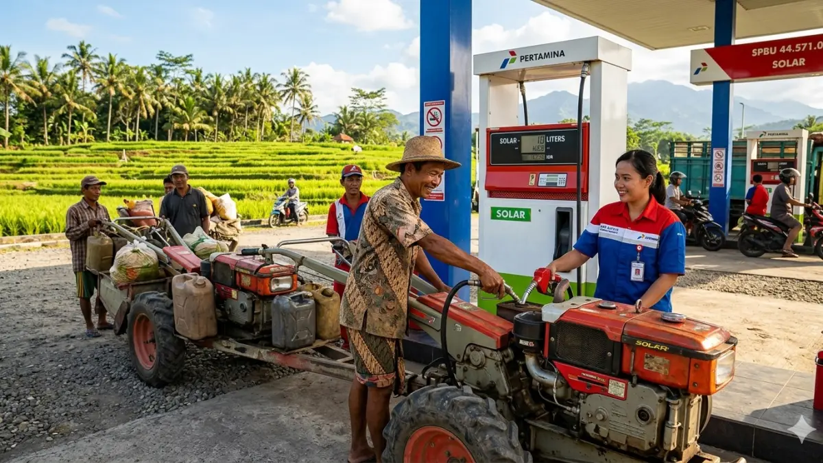 Ilustrasi petani membeli BBM di SPBU (Dibuat dengan AI)