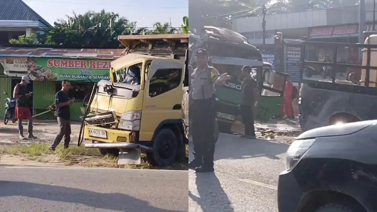 Kondisi truk dan bus sekolah yang terlinat kecelakaan di kilometer 63 Desa Karang Mulya, Pangkalan Banteng, Jumat 24 April 2026. (tyo/radar sampit)