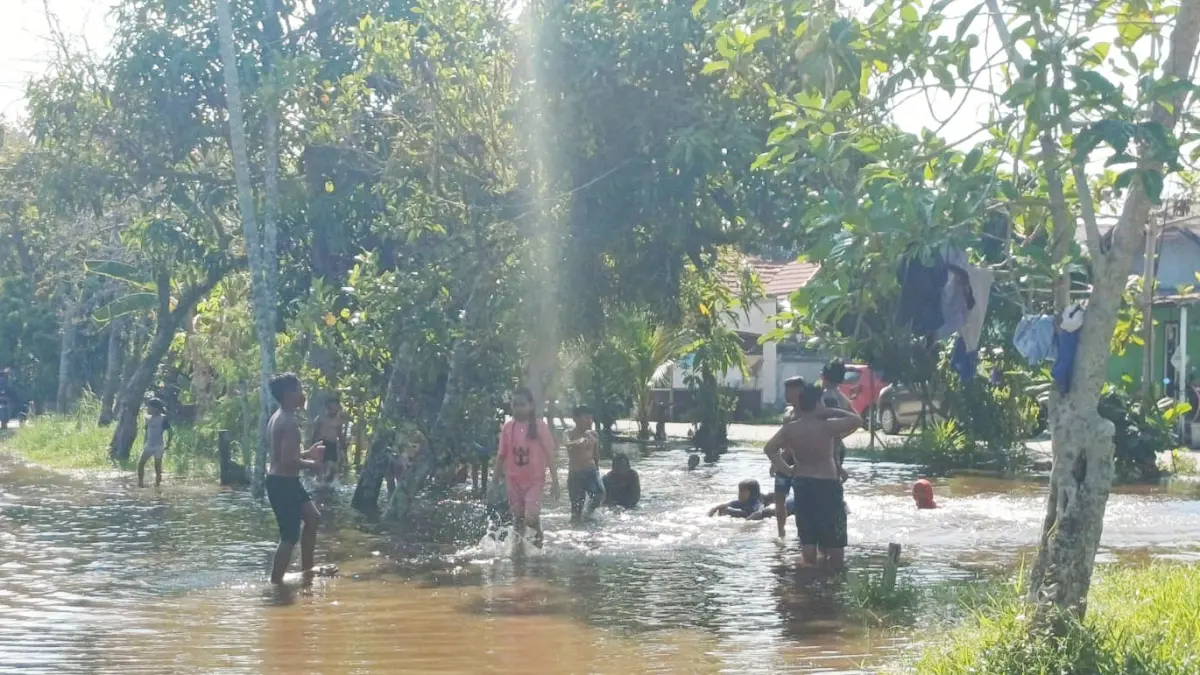 Anak-anak di Baamang Hilir, Kecamatan Baamang,. ramai-ramai beredang di sungai saat air pasang tinggi, Kamis (24/4/2026). (Warga/Radar Sampit)
