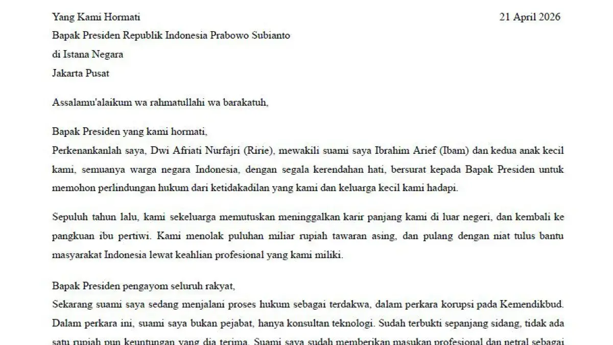 Surat lengkap dari istri Ibam untuk Presiden Prabowo. (Akun Medsos Ibam)