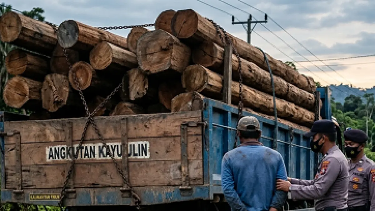 Ilustrasi seorang sopir pengangkut kayu saat diamankan petugas kepolisian.(Ilustrasi Buatan AI)